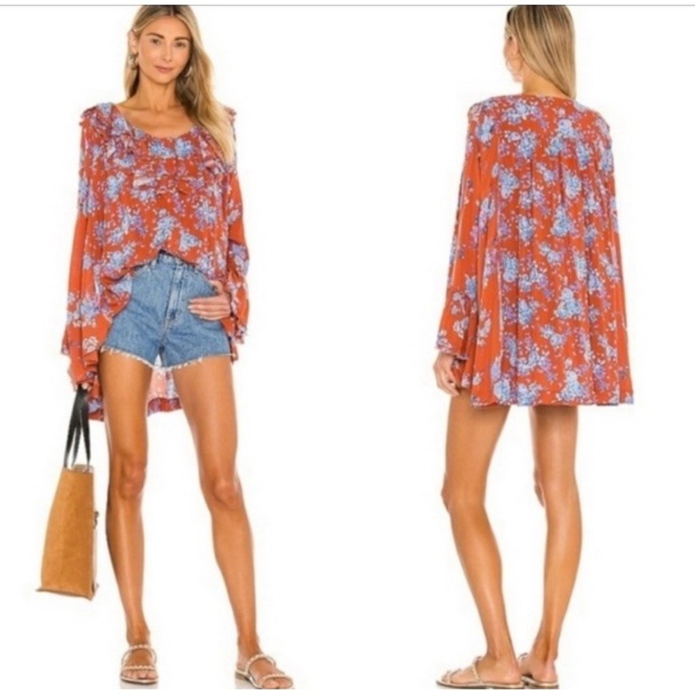 Free People Lorretta Printed Floral Tunic Sz Medium Oversized Bohemian Fairy‎